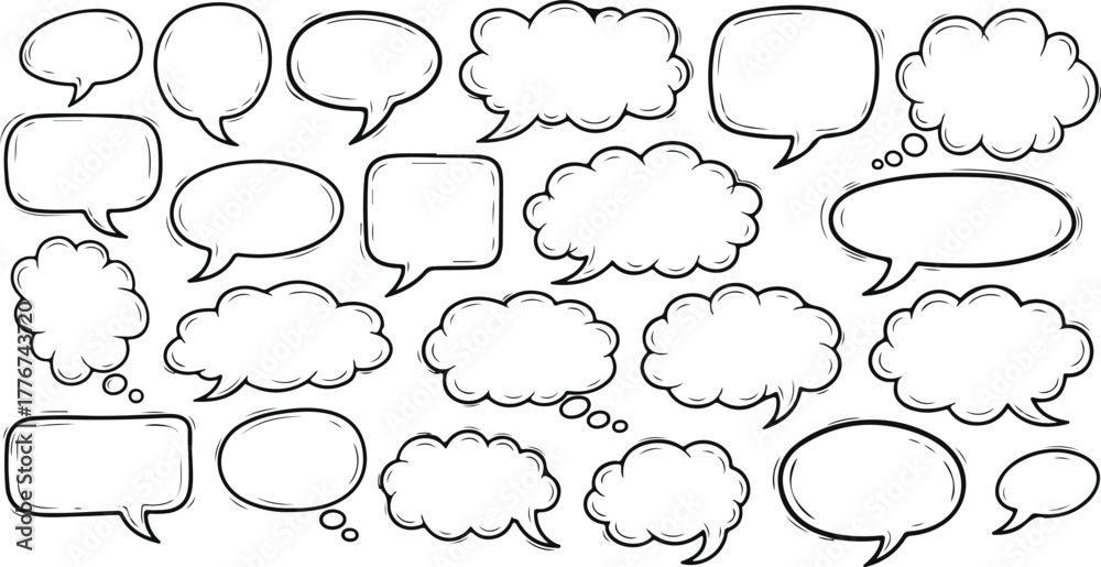 Obraz premium Hand Drawn Speech Bubbles Set Blank Dialogue Balloons Talk Chat Sketch Comic Vector on transparent background