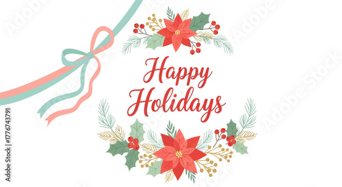 Festive floral arrangement with holiday greeting and decorative ribbon