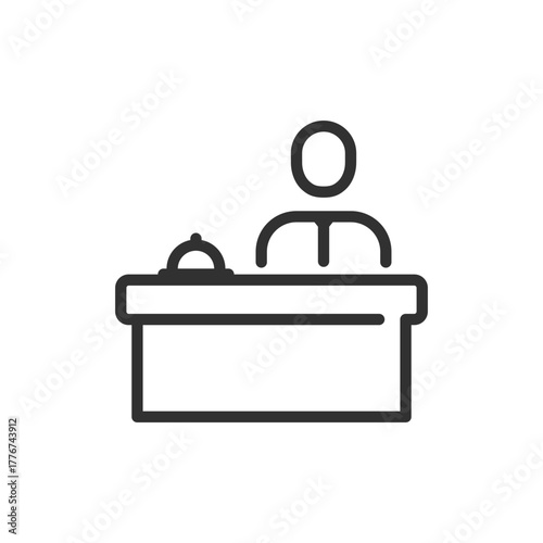 Reception desk, linear icon. Hotel check-in counter or front office service. Line with editable stroke.