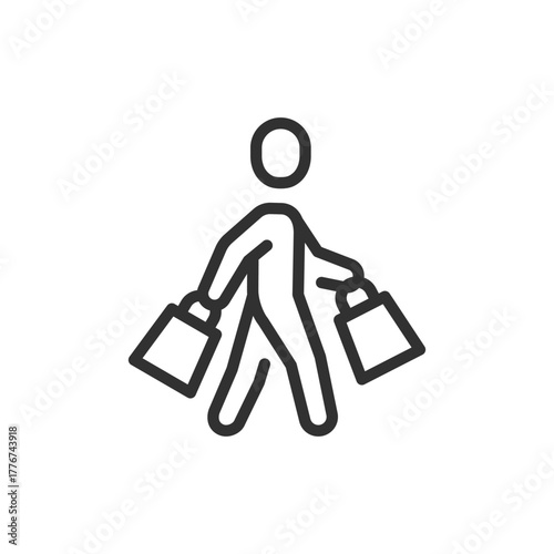 Person shopping, linear icon. Consumer behavior and retail activity. Line with editable stroke.