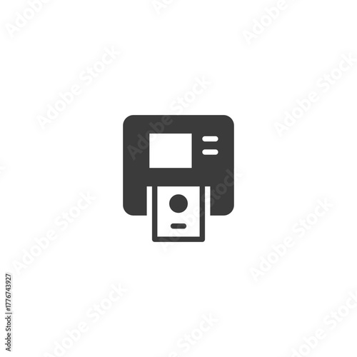 ATM with cash, linear icon. Automated banking machine and cash withdrawal