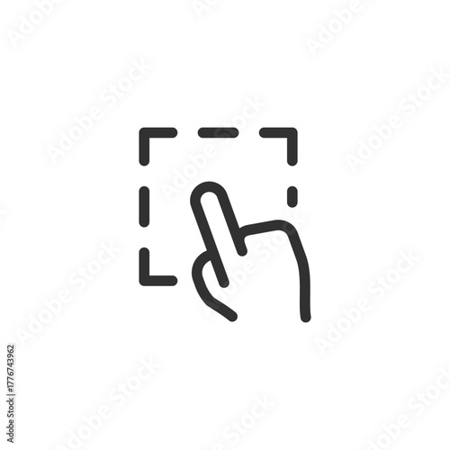 Dashed square with hand, linear icon. Manual selection and interactive choice. Line with editable stroke.
