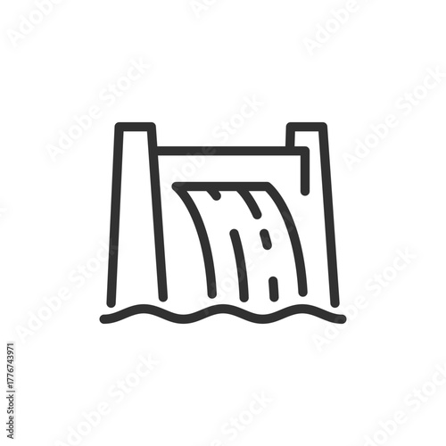 Hydroelectric dam, linear icon. Renewable energy and water power concept. Line with editable stroke.