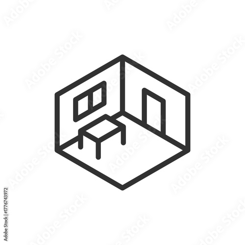 Isometric room, linear icon. Interior design and architecture concept. Line with editable stroke.