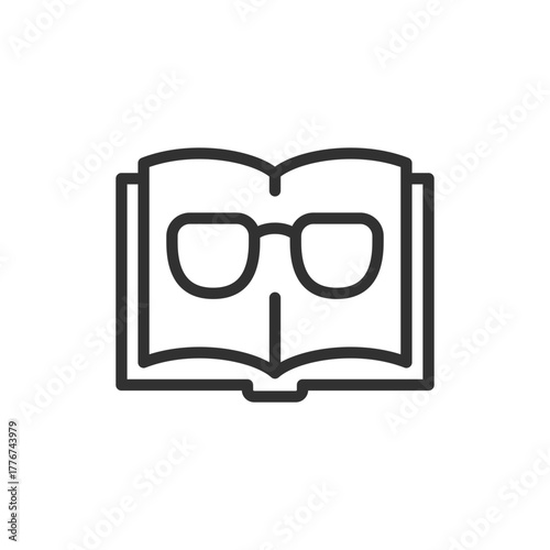 Open book with glasses, linear icon. Reading and education concept. Line with editable stroke.