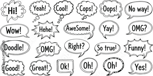 Speech Bubbles Set Hand Drawn Vector Elements Comic Style Dialogue Clouds Text Balloons on transparent background