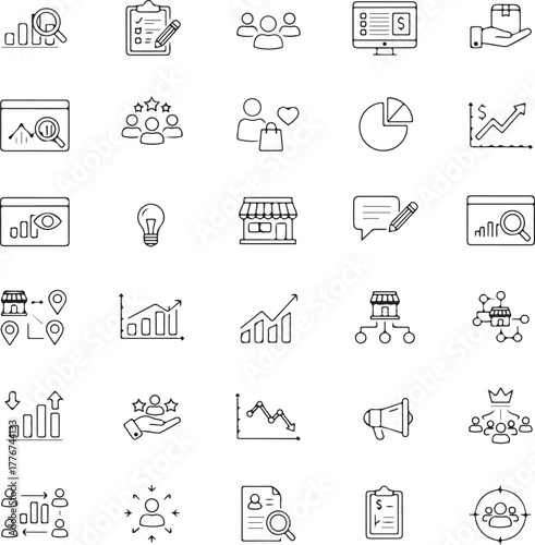 Market Analysis icon collection set. Containing market research, growth, segmentation, customer centricity, trends, sales, insight, data, competitor analysis, strategy, market icon.
