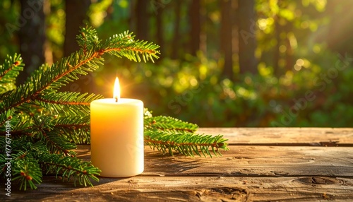 Single candle burning on green pine background
