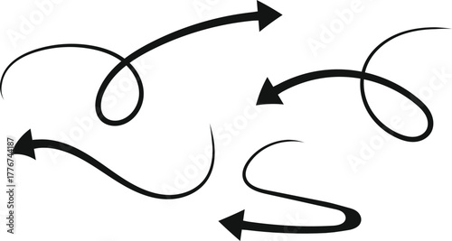 Black Arrow Vector Illustration Artistic Curve Arrows with Directional Focus Line Art Elements on transparent background