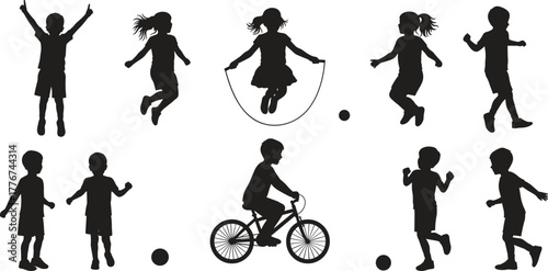 Silhouette of children playing outdoors, kids jumping rope, cycling, and playing ball, childhood activity and fitness concept illustration