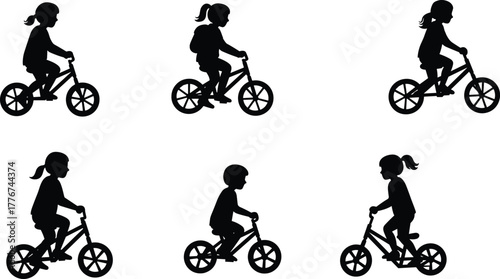 Silhouette of children riding bicycles, kids cycling outdoor activity, healthy lifestyle, sport and fitness, fun exercise, active childhood concept