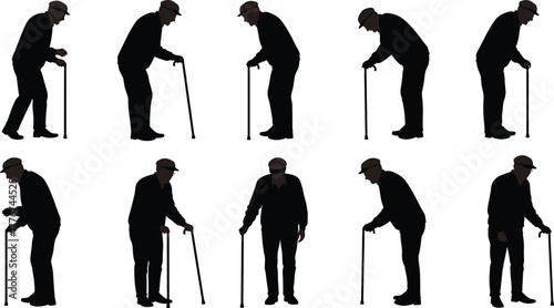 Silhouette of elderly man walking with cane, senior person standing and moving, aging concept, healthcare and support illustration