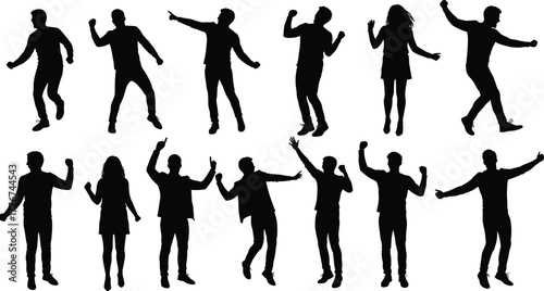 Silhouette of happy people dancing and celebrating, energetic group motion, joyful party dance, freedom and happiness expression illustration