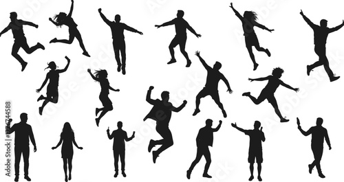 Silhouette of happy people jumping and dancing with joy, energetic group celebration, freedom, success, fun, happiness illustration