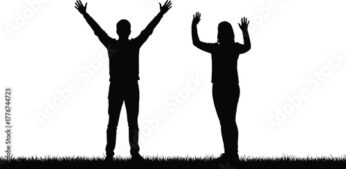 Silhouette of two people with raised hands celebrating success, freedom, joy, unity, teamwork, happiness, outdoor lifestyle concept illustration