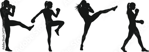 Silhouette of woman kickboxing in different poses, martial arts training, female fighter fitness workout, strength, power, and discipline concept