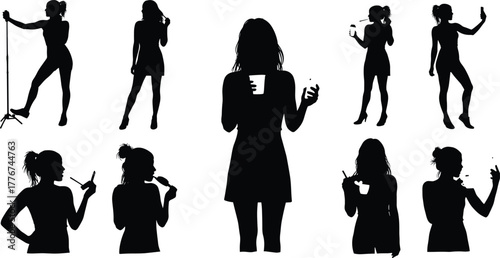 Silhouette of woman performing daily activities, singing, eating, drinking coffee, applying makeup, and taking selfie, modern lifestyle concept illustration
