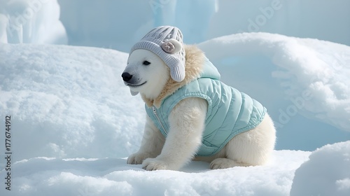Polar Bear in Blue Vest and Gray Hat Sitting on Snow