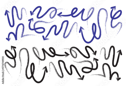 Abstract swirling lines and arrows in blue and black ink style