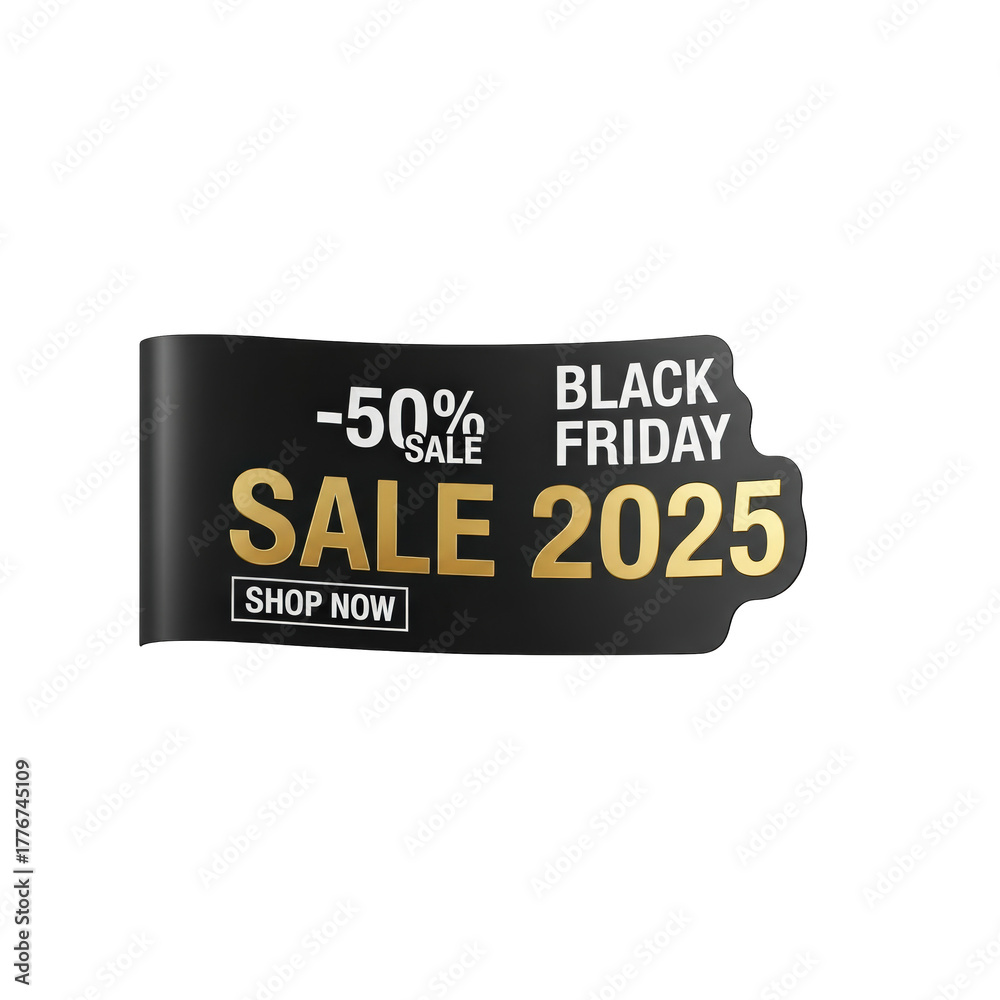 Obraz premium Black friday sale tag for 2025 with 50 discount and shop now button, isolated on transparent background