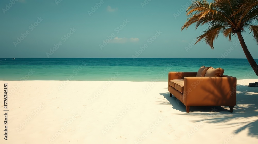 Naklejka premium Tranquil beach scene featuring a cozy couch under a palm tree by the calm turquoise sea on a sunny day