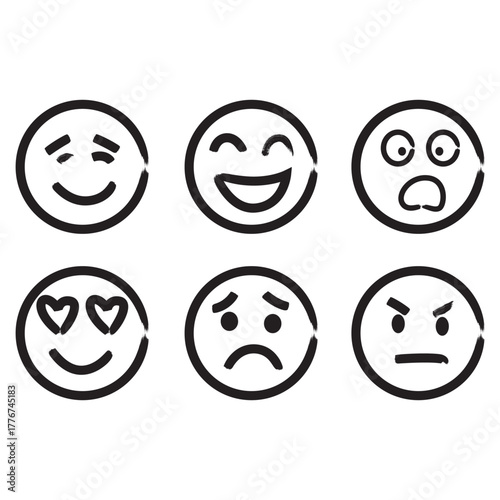 A collection of six simple black and white facial expression icons