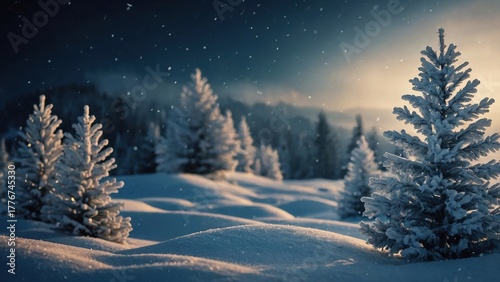 Magical winter night with snow-covered fir trees and soft drifts where the light of a lantern or moon creates a warm glow in the cold blue air during a quiet snowfall