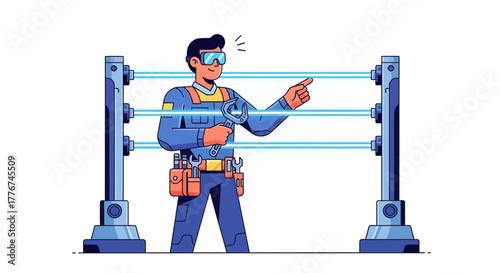 Engineer Inspecting and Indicating Futuristic Technical Systems with Innovative Technologies