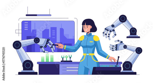 Engineer Interacts With Robots And Technology; Futuristic Illustration In A Modern Laboratory