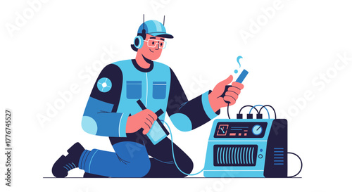 Engineer Inspecting and Working with Machinery Creating Visuals Ready for Future Technology