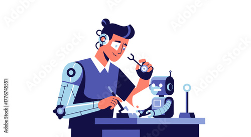 Engineer Repairing Robot With Robotic Arm And Tools, New Technologies Explained