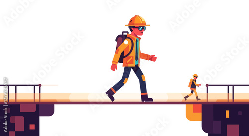 Engineer And Child Walk Across Bridge, Journeying Towards An Unknown Destination