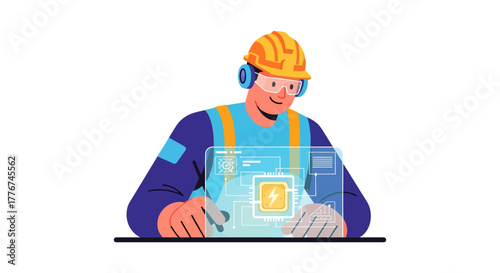 Engineer with Digital Interface Inspects Power System and Futuristic Technological Infrastructure