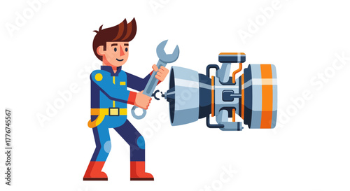 Engineer Repairing Jet Engine, Illustration Of Repairing Technology, Workman Illustration