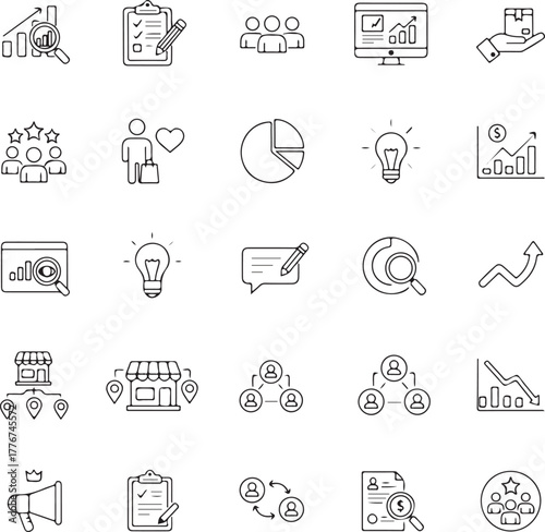 Market research icon collection set. Containing segmentation, trends, penetration, buyer personas, data, sales, analysis icon.
