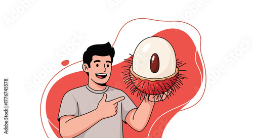 Enthusiastic Person Presenting a Fresh Rambutan Fruit with Joy and Excitement