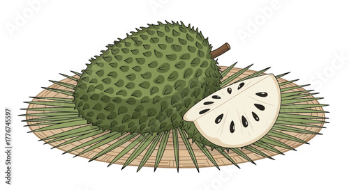 Exotic Annona Muricata Fruit Displayed on Handwoven Mat Against White Background