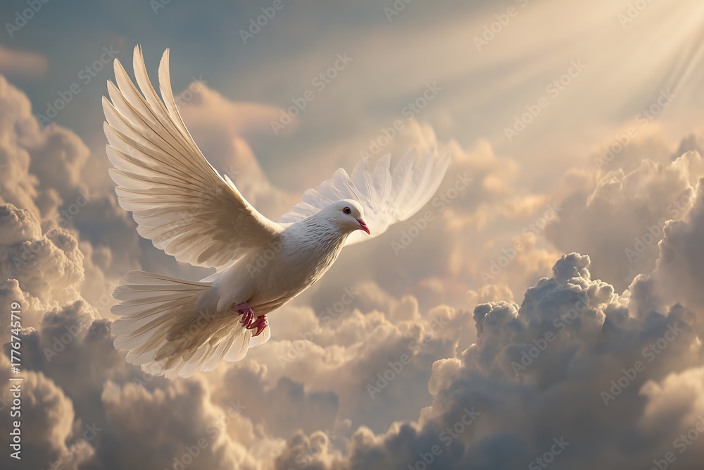 Fototapeta premium Majestic white dove of peace flying in the golden sun rays through fluffy clouds against a heavenly background symbolizing hope freedom and spiritual purity