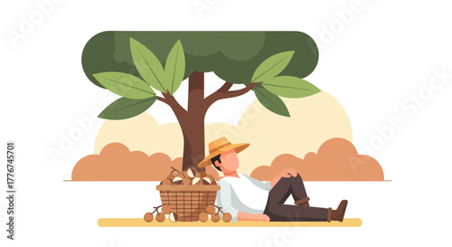 Farmer Resting Under Lush Tree Amid Harvested Fruits, A Moment of Peace