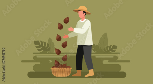 Farmer Sowing Crop Seeds Into Basket, Illustration Showing Agriculture Activity Perfectly