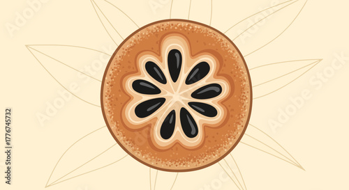 Exotic Fruit Slice Featuring Seeds and Botanical Elements, Vector Illustration Design