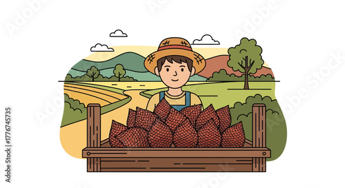 Farmer Smiling Beside a Wooden Cart Filled With Salak Fruits During Harvest Season