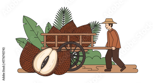 Farmer Transporting A Cart Full Of Snake Fruit With A Tropical Greenery Background