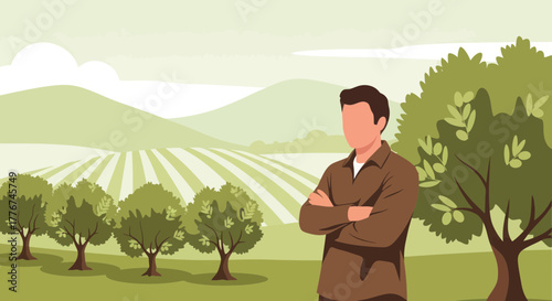 Farmer Standing Proudly on His Fields: Agricultural and Cultivation Illustration