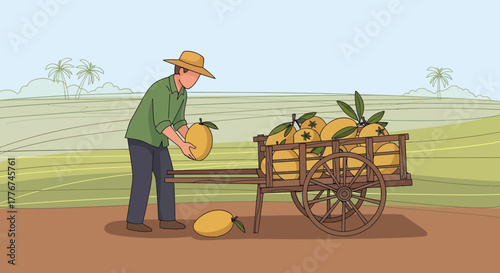 Farmer Unloads Fresh Fruit From a Wheeled Cart Within a Scenic, Expansive Agricultural Vista