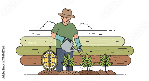 Farmer Watering Young Plants in Tropical Field with Durian Fruit Illustration