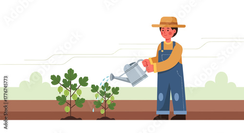 Farmer Watering Plants In An Organic Garden for Cultivating Food, Fresh and Healthy Eating