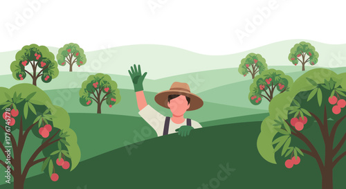 Farmer Welcomes The Viewer To The Cherry Orchard In A Delightful Landscape
