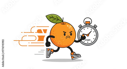Frenzied Orange Character Rushing Against The Clock with Determined Expression and Running Shoes