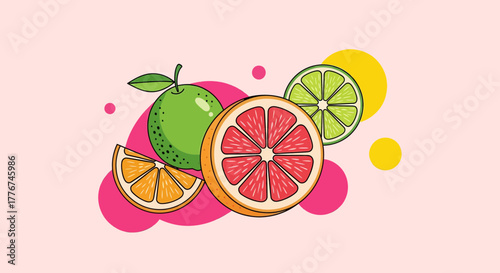 Fresh And Citrusy Fruit Arrangement With Stylized Design, Vibrant And Minimalist